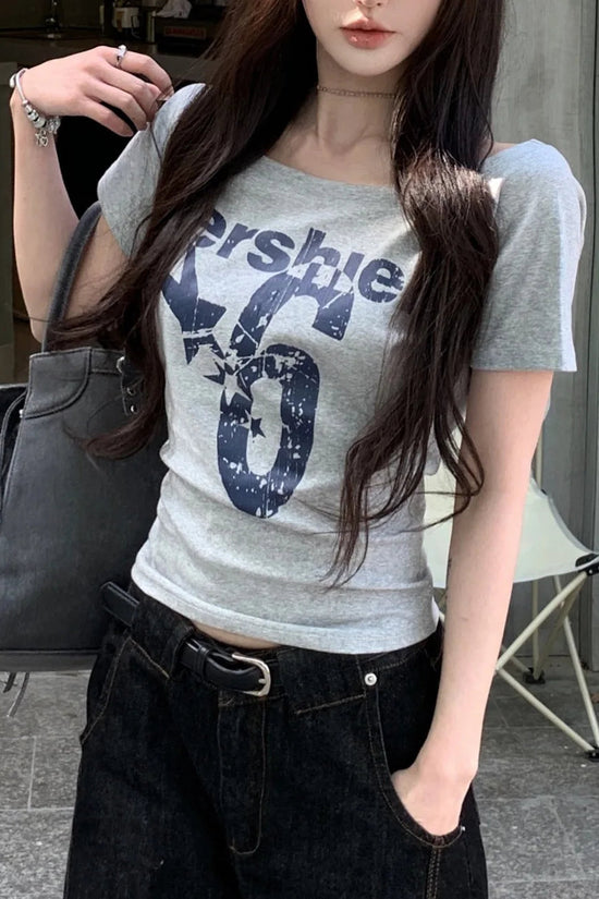 1pcs Summer Women Basic Model Letter Print T-Shirt Lady Short-Sleeved Skew Collar t-Shirt Female Street Style Sexy Slim Fit Tee FitiqueFit