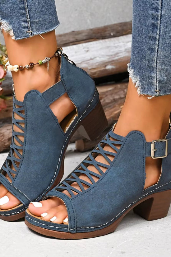 Women's Peep-Toe Block Heel Sandals | Single Strap Buckle Suede Heels in Denim Blue | EU 36–42 