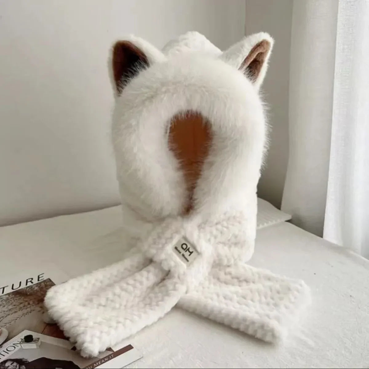 Korean Knitted Cute Fox Ear Design Integrated Bean Hat Women's Scarf Hat Warm Thick Ear Protection Photography Travel Party Gift 