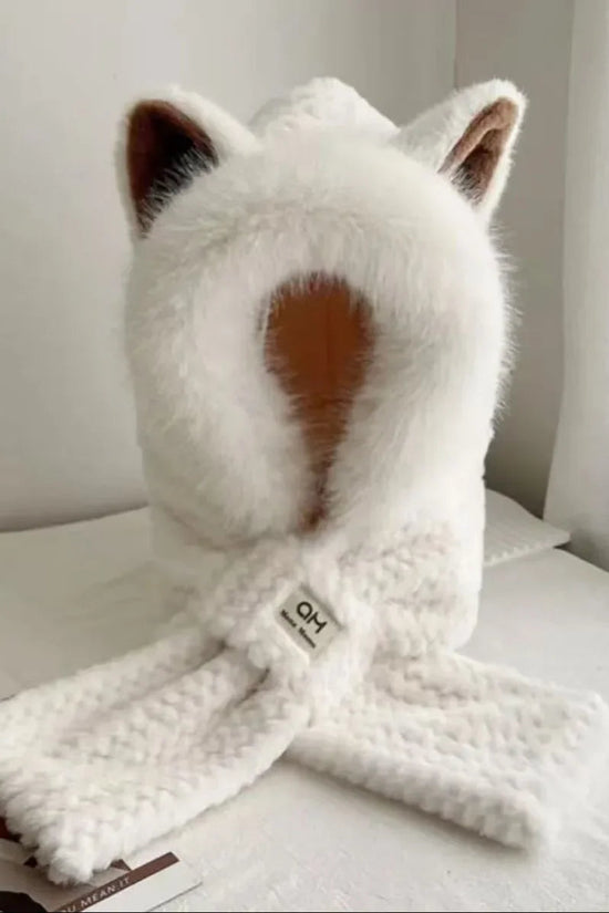 Korean Knitted Cute Fox Ear Design Integrated Bean Hat Women's Scarf Hat Warm Thick Ear Protection Photography Travel Party Gift 