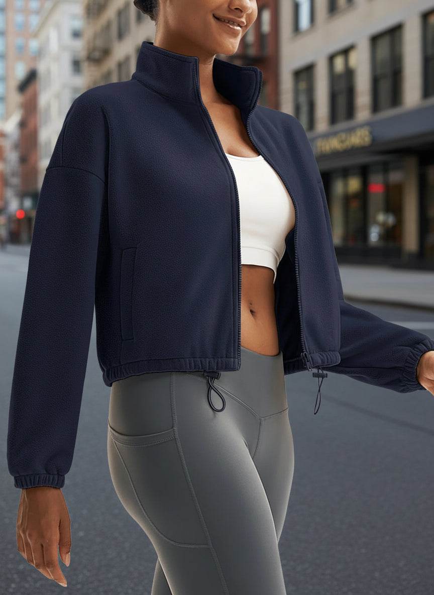 TACVASEN Winter Fleece Cropped Jackets Womens Fashion Stand Collar Casual Outwear Tops Lightweight Warm Outdoor 4 Pockets Coats 