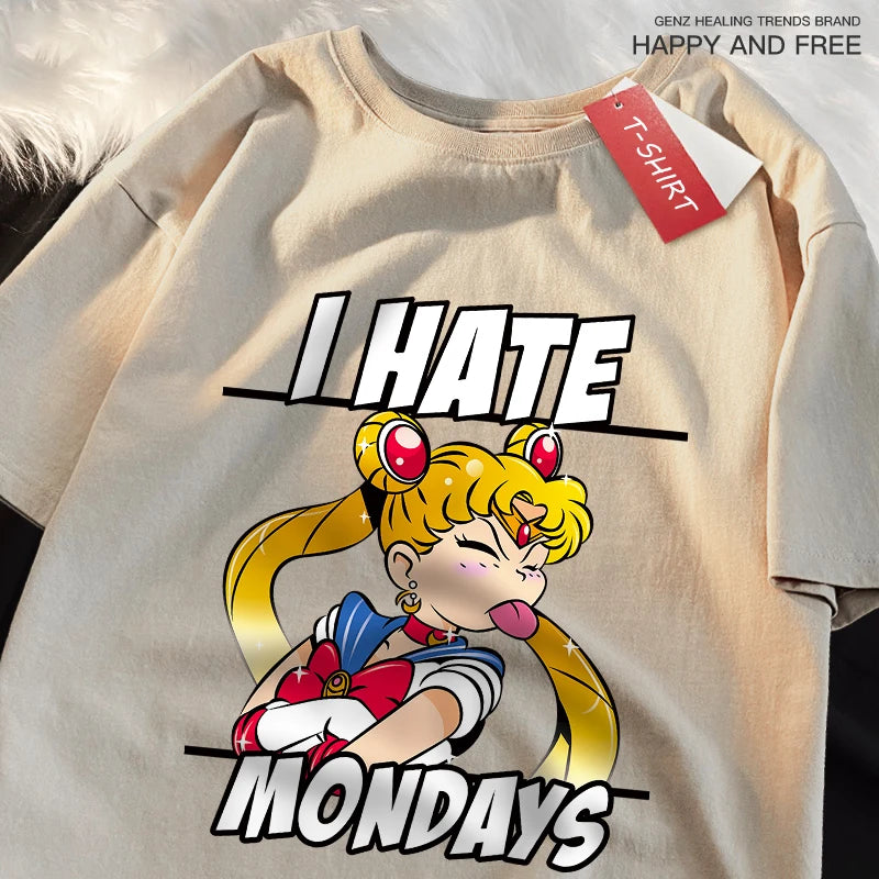 Sailor Moon'S Tongue Sticking Out Is Funny T Shirts Women Shoulder Drop Leisure T Shirt Cotton T-Shirts Youth Holiday Tops FitiqueFit
