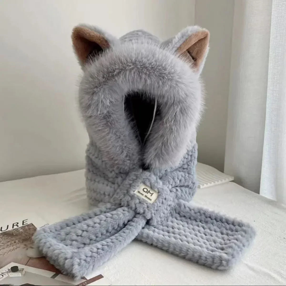 Korean Knitted Cute Fox Ear Design Integrated Bean Hat Women's Scarf Hat Warm Thick Ear Protection Photography Travel Party Gift 