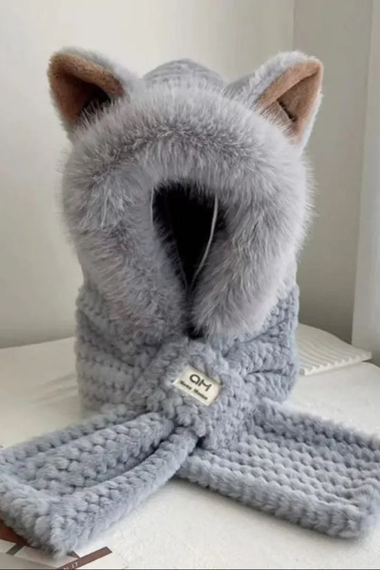 Korean Knitted Cute Fox Ear Design Integrated Bean Hat Women's Scarf Hat Warm Thick Ear Protection Photography Travel Party Gift 