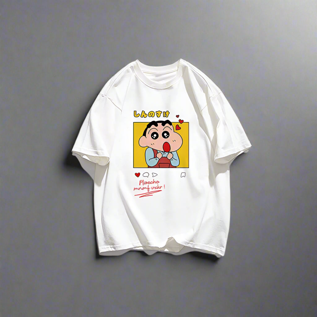 Crayo.n Shin Chan Sees His Beloved Woman Tee Clothing Cotton Fitting T Shirt Anime Shoulder Drop T-Shirt Outdoor Pleasure Tops FitiqueFit
