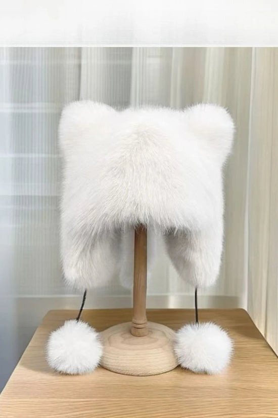Autumn and Winter imitation fox fur Lei Feng cap with cute cat ear design, thickened warm ear-protecting raccoon cap, plush hat 