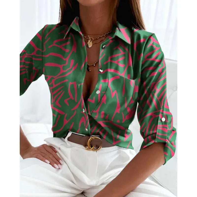 Spring/Summer Women's Commuter Long Sleeved Shirt Fashion Printed Lapel Holiday Casual Shirt Elegant Women's Shirt 