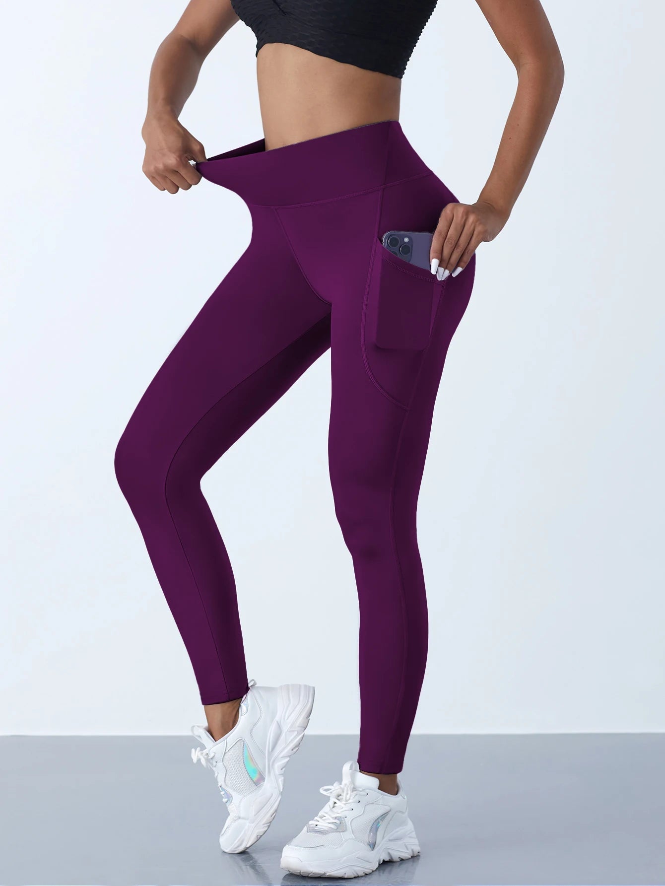 New High Waist Women's Leggings Stretch Yoga Pants Tights With Pockets Push Up Fitness Running Sportswear Solid Color Pants 