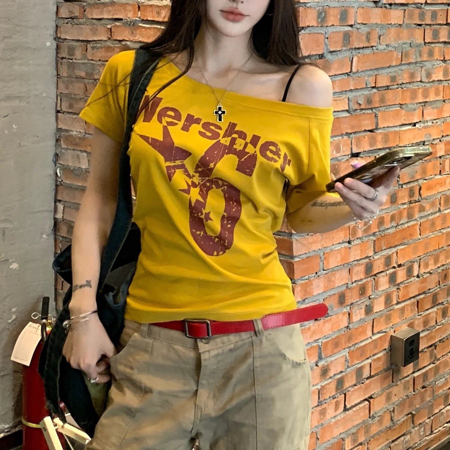 1pcs Summer Women Basic Model Letter Print T-Shirt Lady Short-Sleeved Skew Collar t-Shirt Female Street Style Sexy Slim Fit Tee FitiqueFit