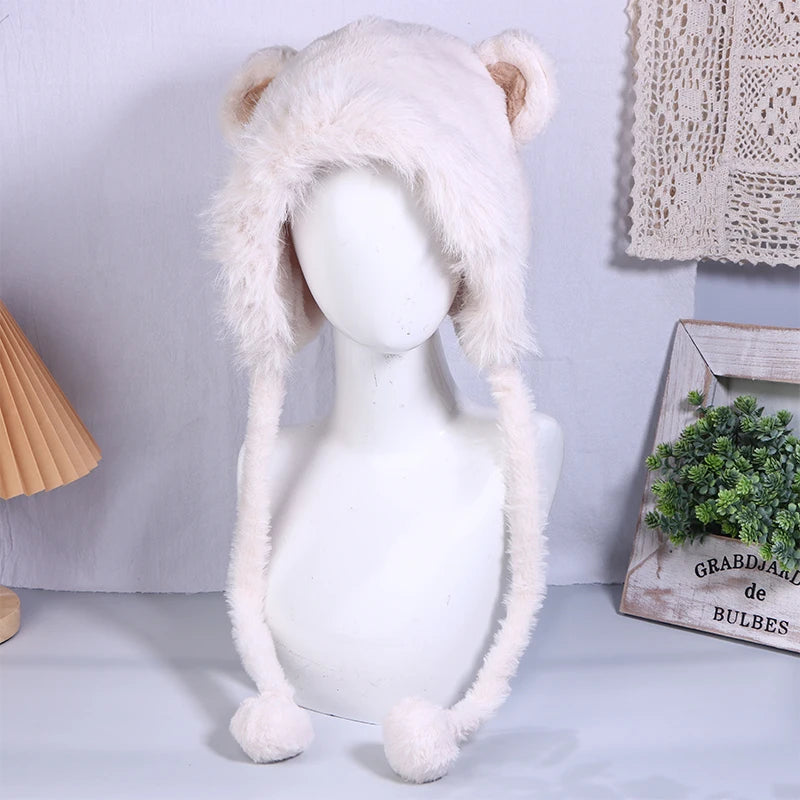 Cute Furry Fox Fur Bear Ear Hat Looks Small Two-piece Hood Scarf Set Autumn And Winter Cycling Warm And Versatile Ear Protection 