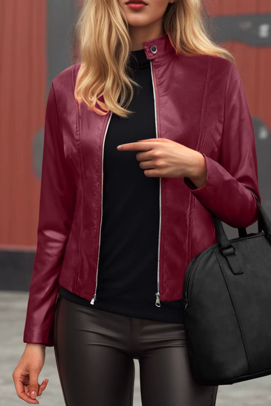 Faux Leather Jacket Women 2025 Autumn Spring Women's Moto Biker Jacket Stand Collar Zipper Solid Pu Slim Fit Street Leather Coat FitiqueFit