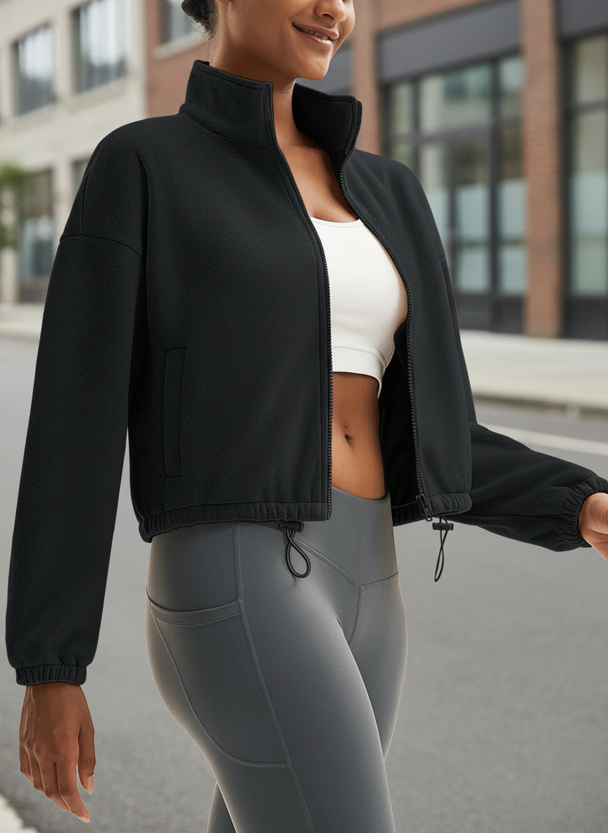 TACVASEN Winter Fleece Cropped Jackets Womens Fashion Stand Collar Casual Outwear Tops Lightweight Warm Outdoor 4 Pockets Coats 