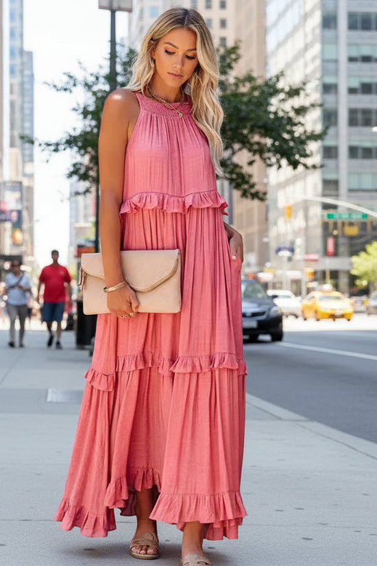 Elegant Women's Apricot Ruffle Edge Long Mop Floor Dresses Summer Fashion Hanging Neck Sleeveless Lace Cake Dress vestiods S-3XL FitiqueFit