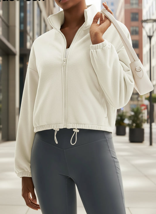 TACVASEN Winter Fleece Cropped Jackets Womens Fashion Stand Collar Casual Outwear Tops Lightweight Warm Outdoor 4 Pockets Coats 