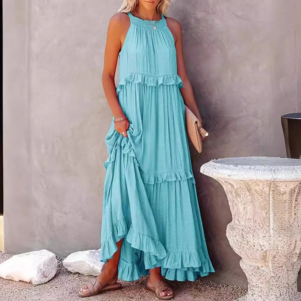 Elegant Women's Apricot Ruffle Edge Long Mop Floor Dresses Summer Fashion Hanging Neck Sleeveless Lace Cake Dress vestiods S-3XL FitiqueFit