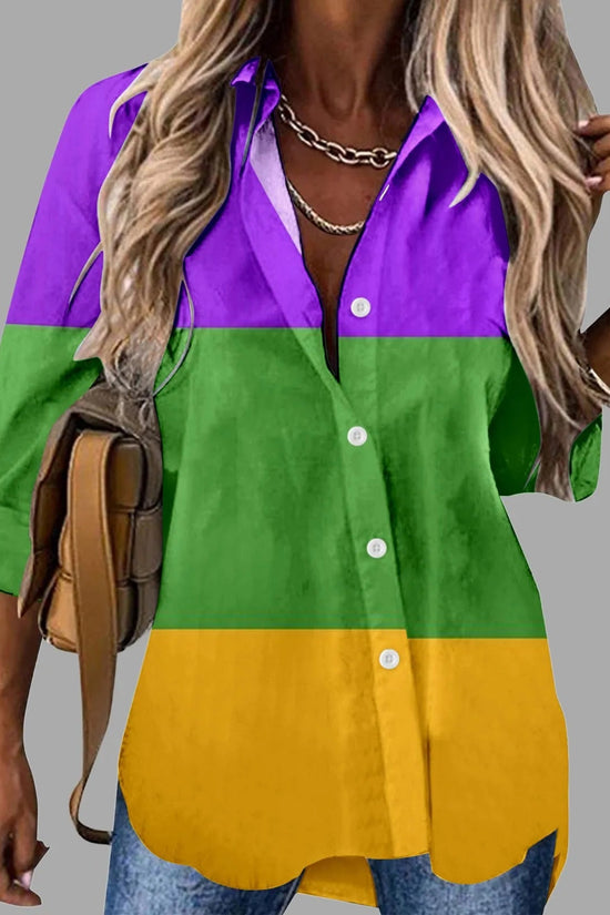 🎭 Mardi Gras Women's V-Neck Long Sleeve Carnival Print Shirt FitiqueFit