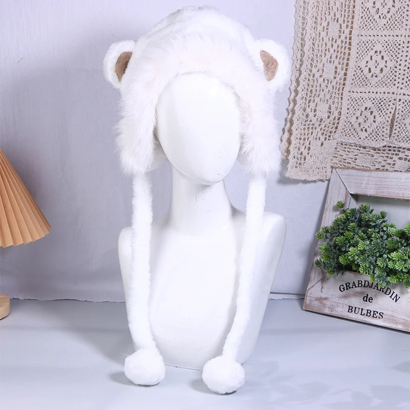 Cute Furry Fox Fur Bear Ear Hat Looks Small Two-piece Hood Scarf Set Autumn And Winter Cycling Warm And Versatile Ear Protection 