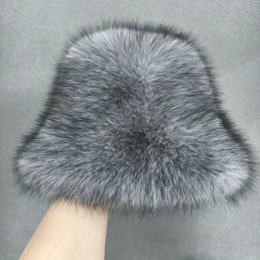 1Pc Ladies' Winter Thick and Warm Imitation Fox Fur Dome Fisherman Hat, Plush Ear Protection, Looks Small on The Face 
