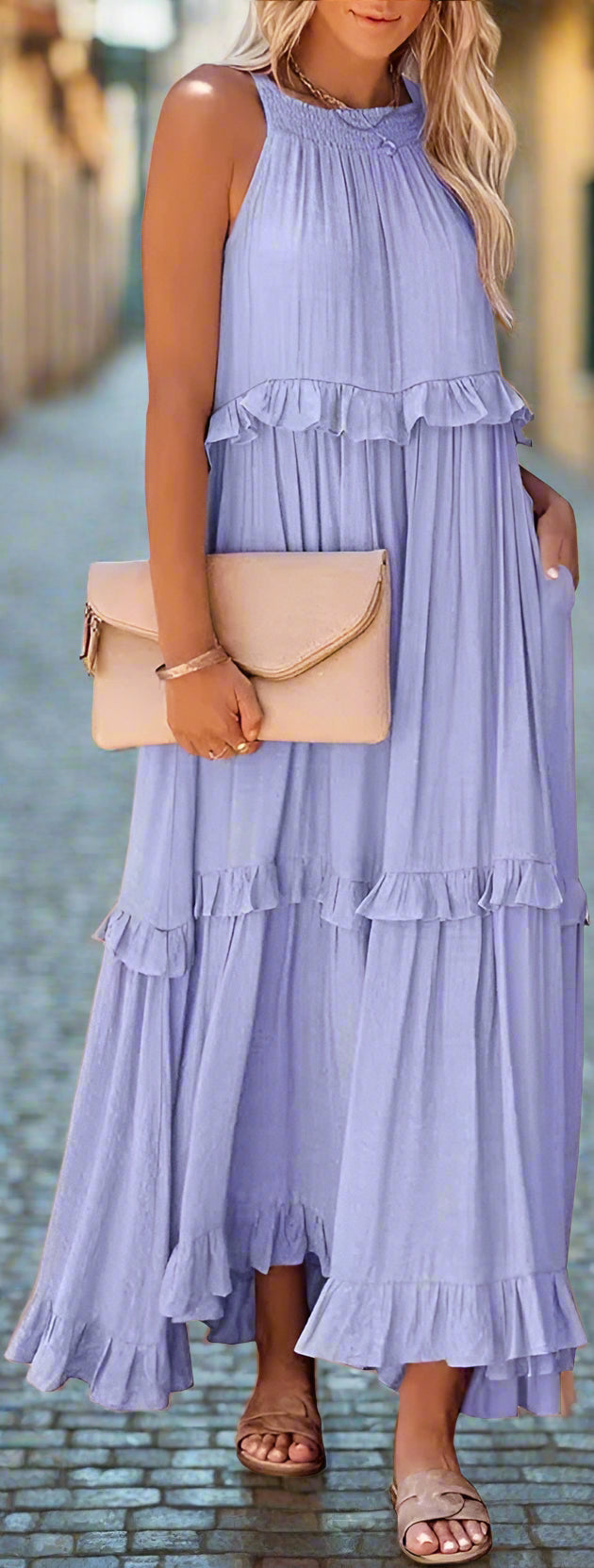 Elegant Women's Apricot Ruffle Edge Long Mop Floor Dresses Summer Fashion Hanging Neck Sleeveless Lace Cake Dress vestiods S-3XL FitiqueFit