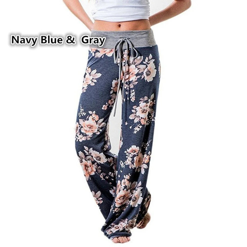 S-8XL Fashion Women Casual Loose Stretch Printing Long Wide Leg Yoga Pants Drawstring  Lounge Pants Pajama Pants FitiqueFit