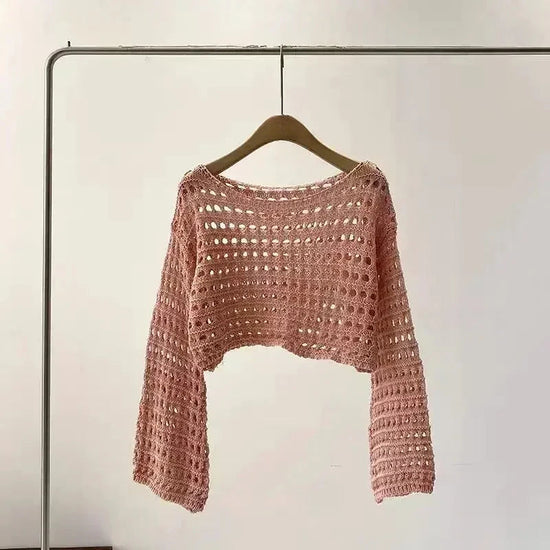 2024 Long Sleeve Crochet Knit Top Summer Beach Bikini Cover Up Crop Pullover Wool Knitwear Blouse Women Vacation Boho Outfit FitiqueFit