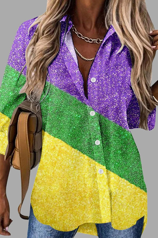 🎭 Mardi Gras Women's V-Neck Long Sleeve Carnival Print Shirt FitiqueFit