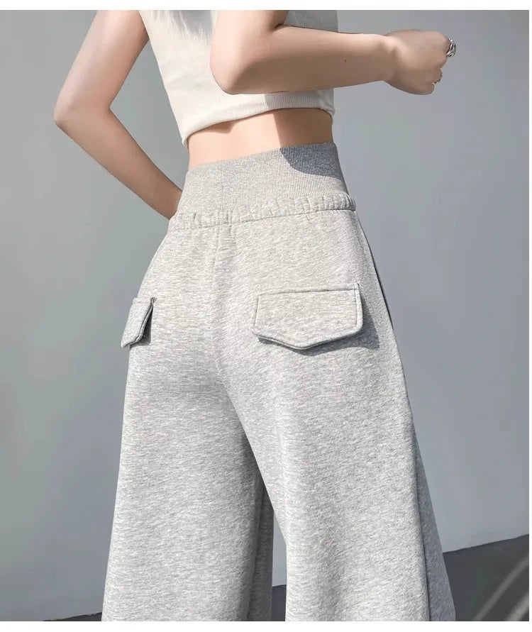 Women's gray sports high waist hanging loose slimming straight leg wide leg pants American sweatpants. 