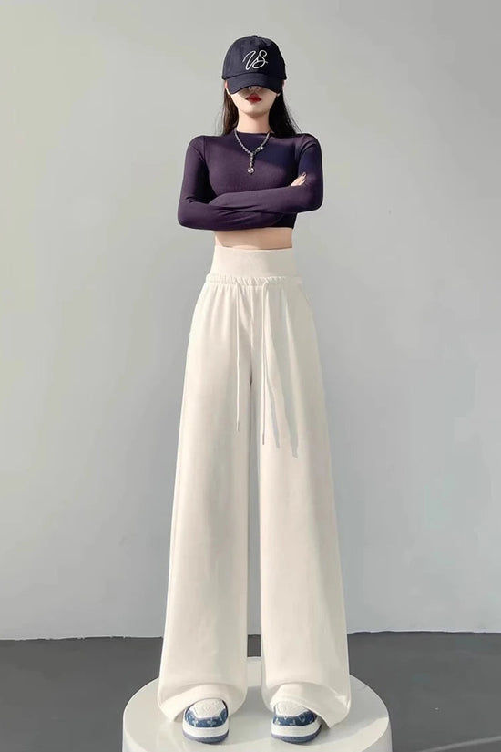 Women's gray sports high waist hanging loose slimming straight leg wide leg pants American sweatpants. 