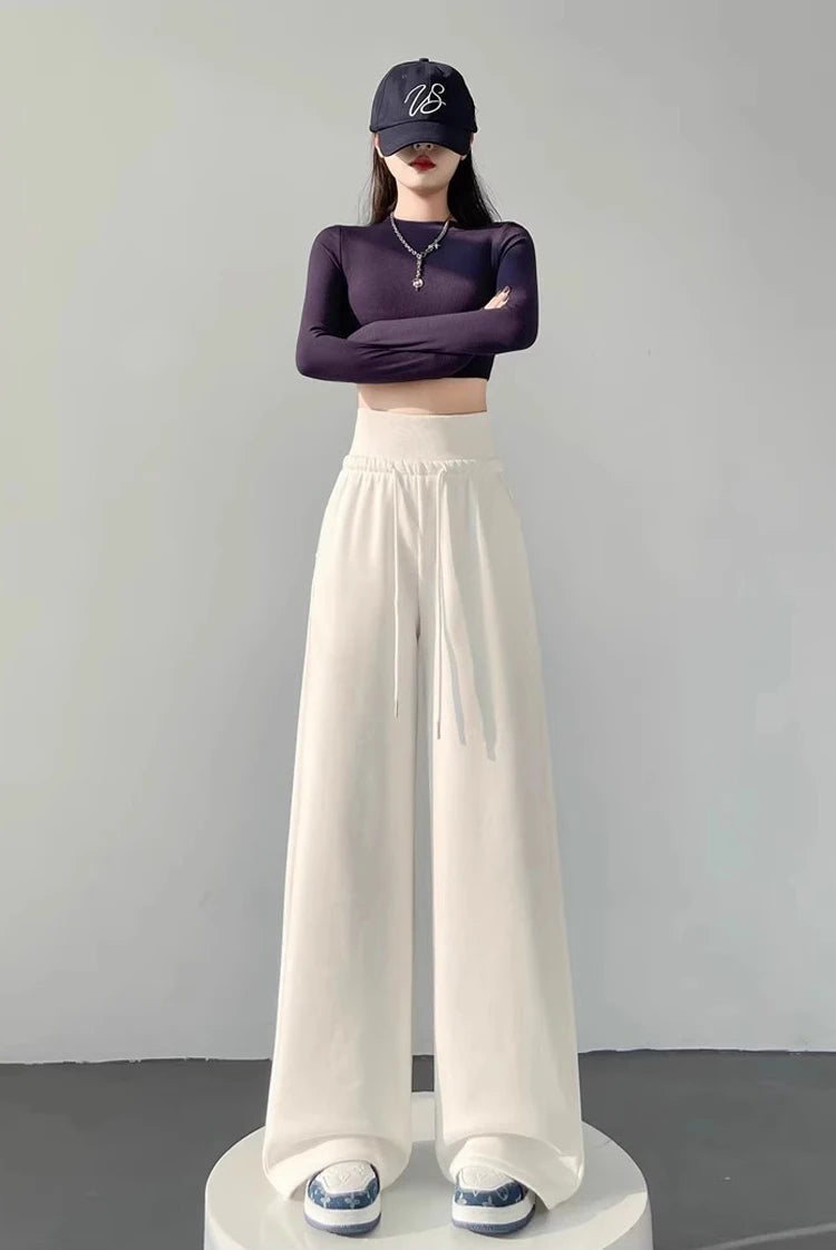 Women's gray sports high waist hanging loose slimming straight leg wide leg pants American sweatpants. 