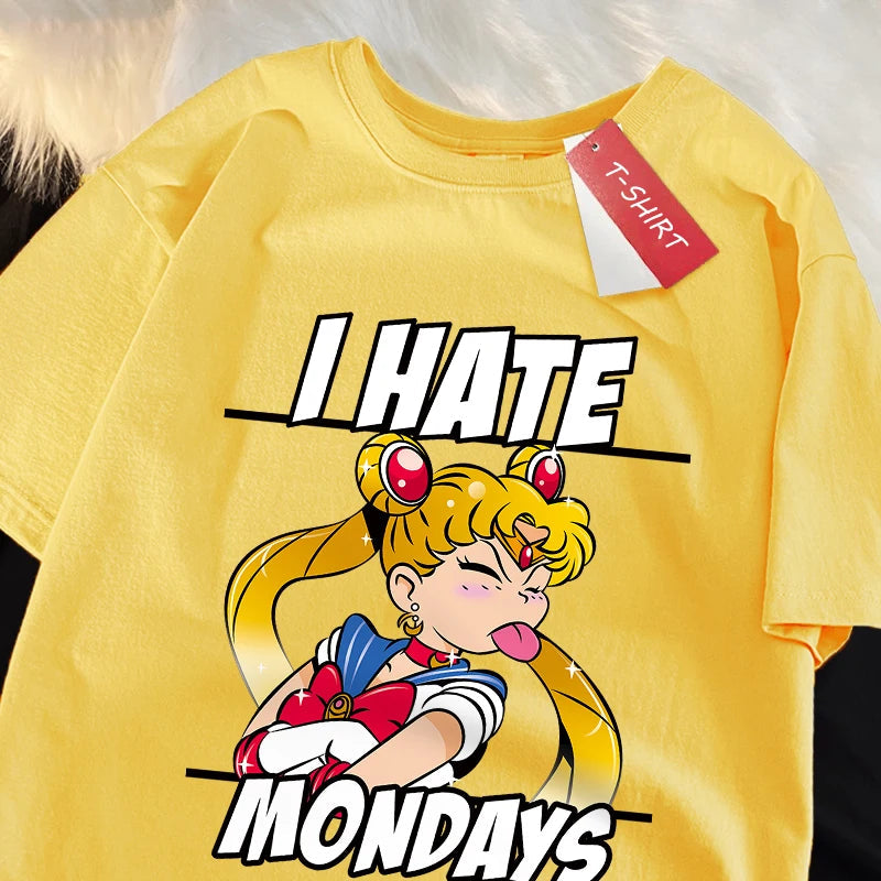 Sailor Moon'S Tongue Sticking Out Is Funny T Shirts Women Shoulder Drop Leisure T Shirt Cotton T-Shirts Youth Holiday Tops FitiqueFit