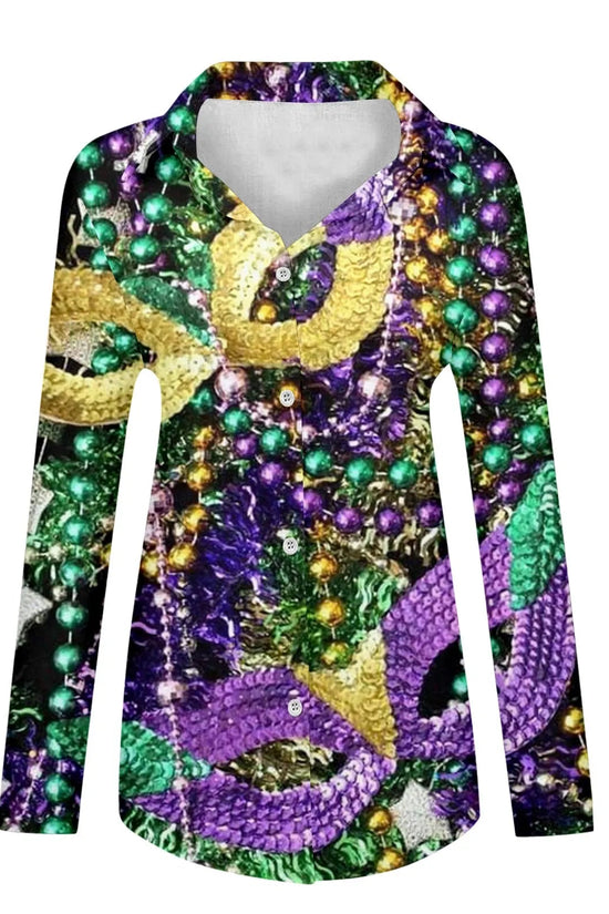 🎭 Mardi Gras Women's V-Neck Long Sleeve Carnival Print Shirt FitiqueFit