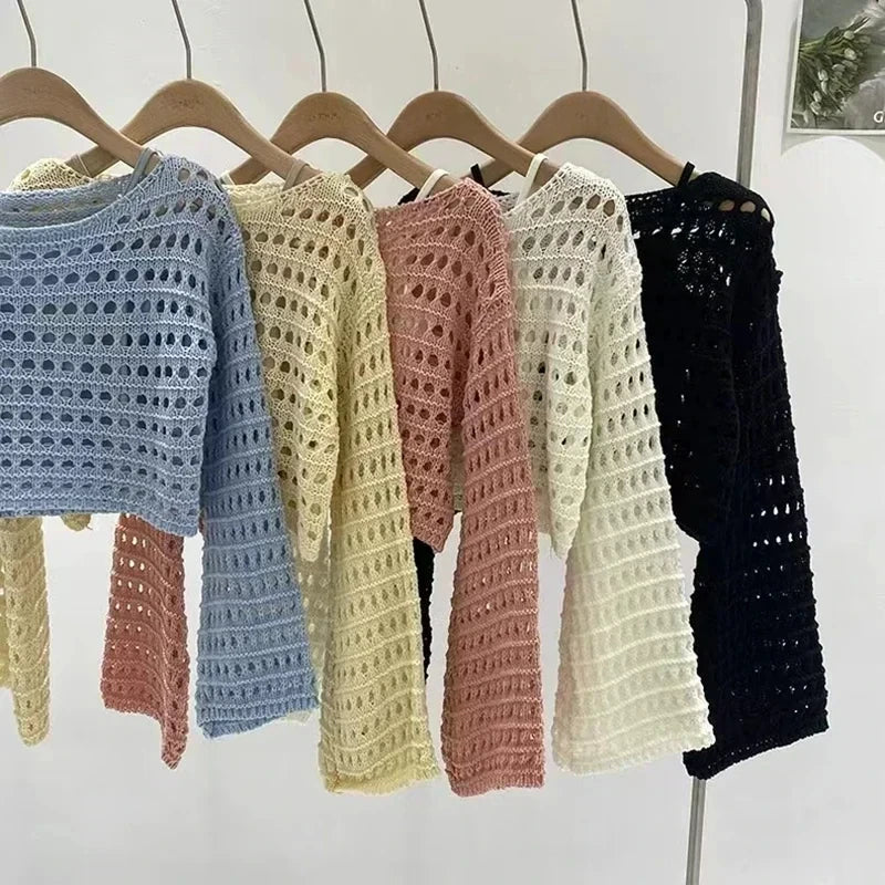 2024 Long Sleeve Crochet Knit Top Summer Beach Bikini Cover Up Crop Pullover Wool Knitwear Blouse Women Vacation Boho Outfit FitiqueFit