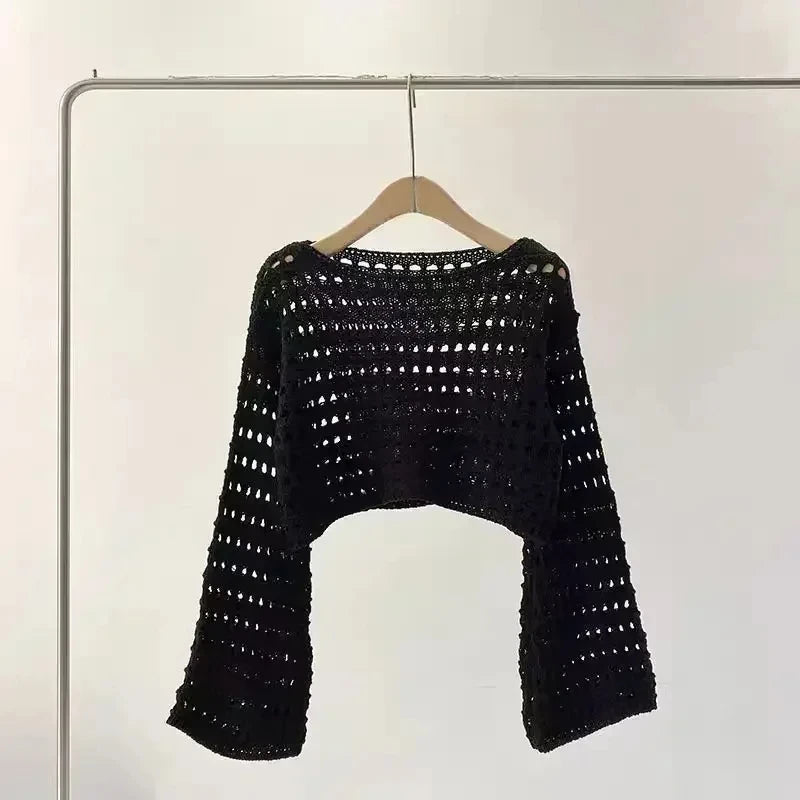 2024 Long Sleeve Crochet Knit Top Summer Beach Bikini Cover Up Crop Pullover Wool Knitwear Blouse Women Vacation Boho Outfit FitiqueFit