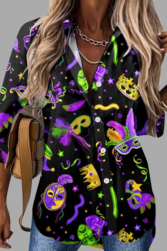 🎭 Mardi Gras Women's V-Neck Long Sleeve Carnival Print Shirt FitiqueFit