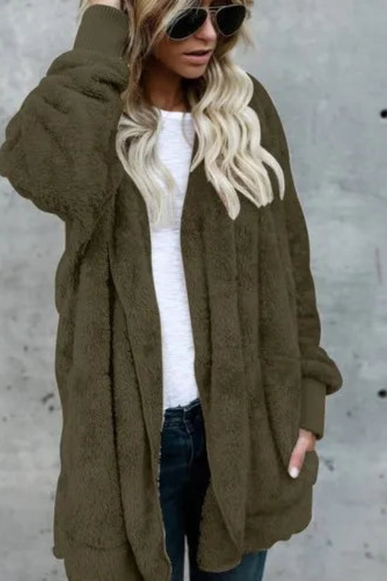Autumn Winter Double Fleece Cardigan Jacket Women Solid Color Long Sleeve Plush Warm Hooded Lady Jacket Oversized Outerwear Coat 