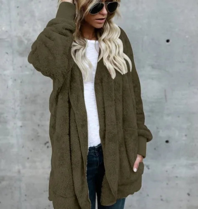 Autumn Winter Double Fleece Cardigan Jacket Women Solid Color Long Sleeve Plush Warm Hooded Lady Jacket Oversized Outerwear Coat 