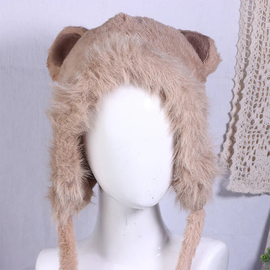 Cute Furry Fox Fur Bear Ear Hat Looks Small Two-piece Hood Scarf Set Autumn And Winter Cycling Warm And Versatile Ear Protection 