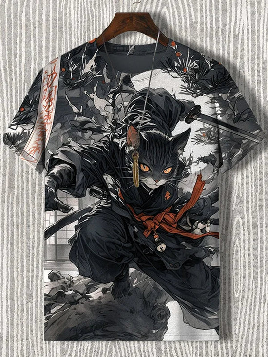 Samurai Cat Graphic T-Shirt – Japanese Style 3D Print Men's Tee FitiqueFit