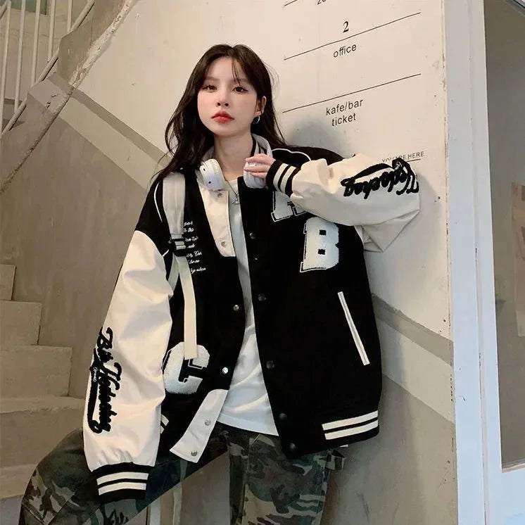 Y2k Lamb Wool Bomber Jacket Female Oversized Streetwear 2025 New Women Harajuku Fashion College Uniform Varsity Baseball Jackets 