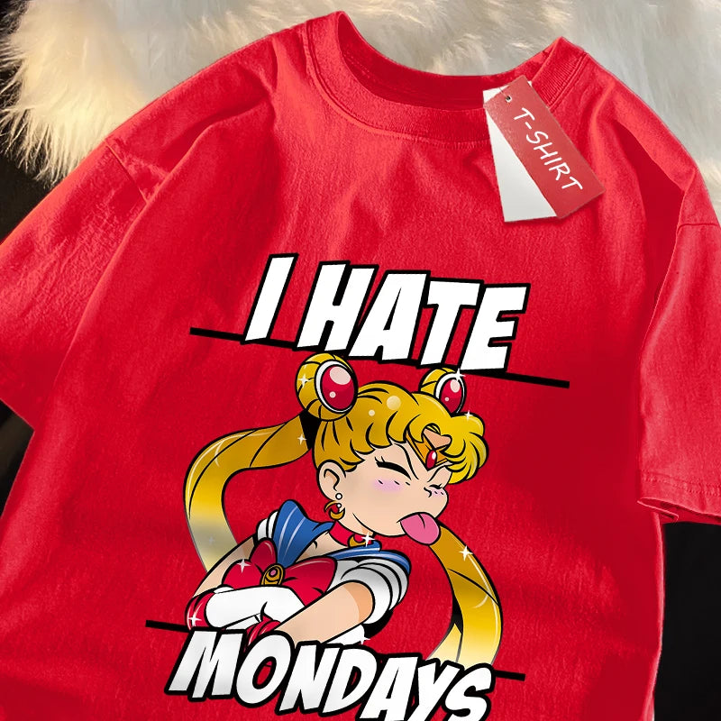 Sailor Moon'S Tongue Sticking Out Is Funny T Shirts Women Shoulder Drop Leisure T Shirt Cotton T-Shirts Youth Holiday Tops FitiqueFit