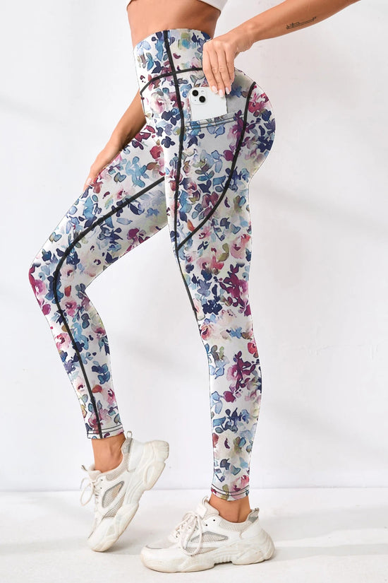 Printed women's high waistband pocket fitness pants paired with tight abdominal yoga pants, suitable for running, hiking, and sp 