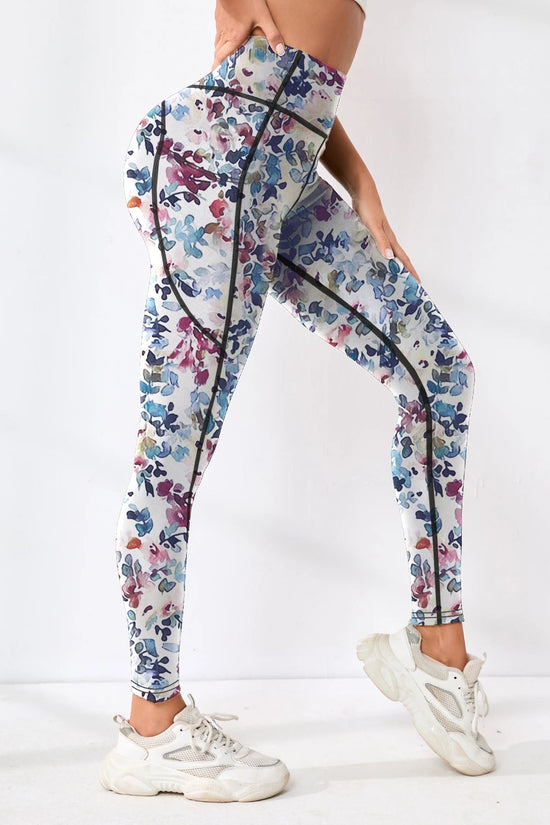 Printed women's high waistband pocket fitness pants paired with tight abdominal yoga pants, suitable for running, hiking, and sp 