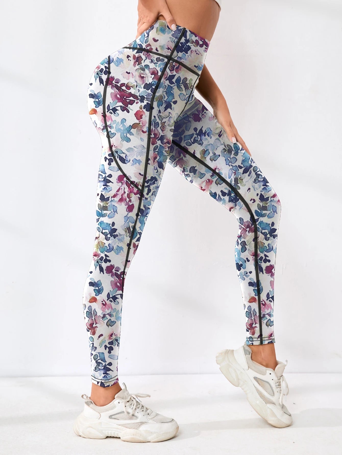 Printed women's high waistband pocket fitness pants paired with tight abdominal yoga pants, suitable for running, hiking, and sp 
