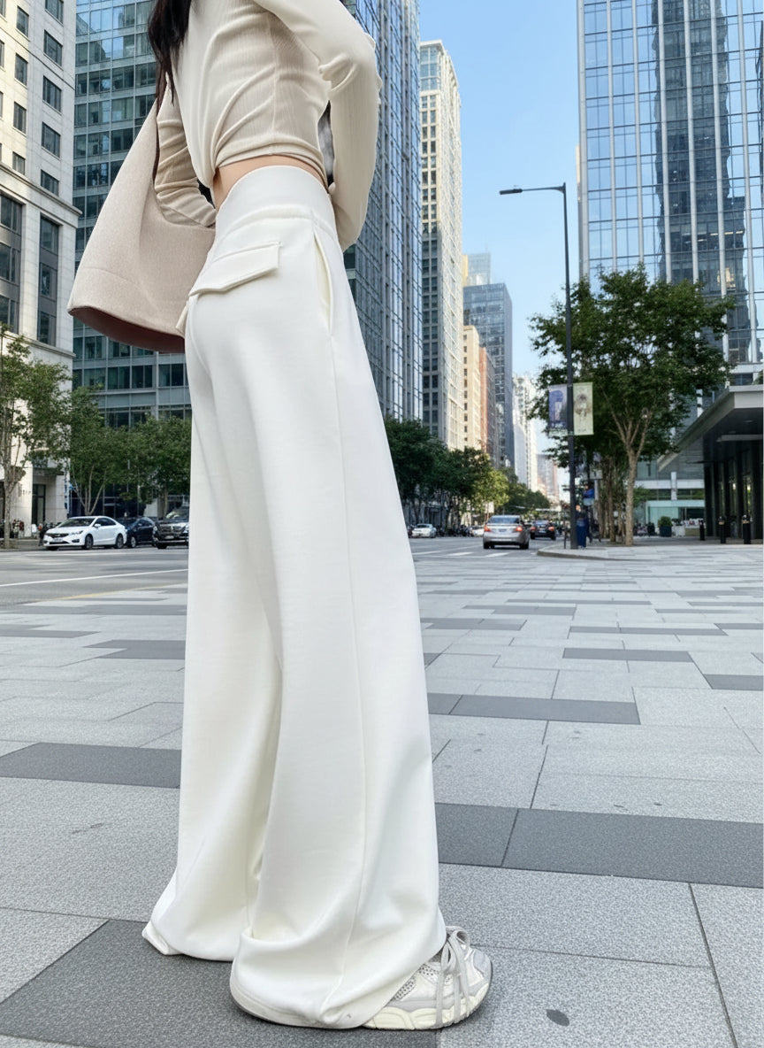 Women's gray sports high waist hanging loose slimming straight leg wide leg pants American sweatpants. 