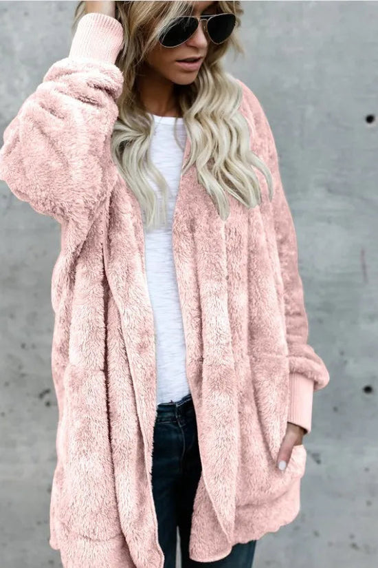 Autumn Winter Double Fleece Cardigan Jacket Women Solid Color Long Sleeve Plush Warm Hooded Lady Jacket Oversized Outerwear Coat 