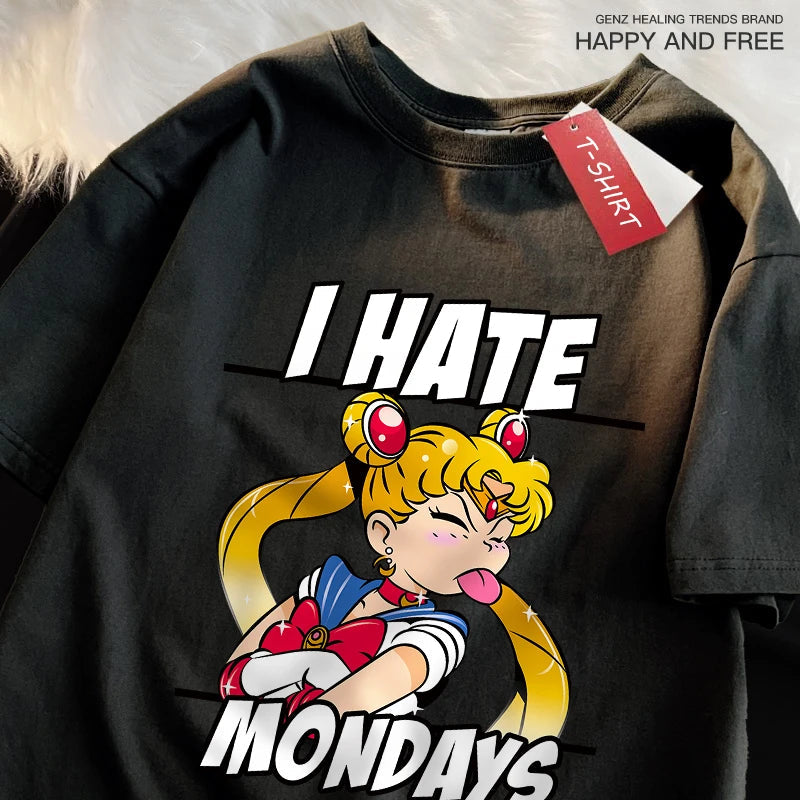 Sailor Moon'S Tongue Sticking Out Is Funny T Shirts Women Shoulder Drop Leisure T Shirt Cotton T-Shirts Youth Holiday Tops FitiqueFit