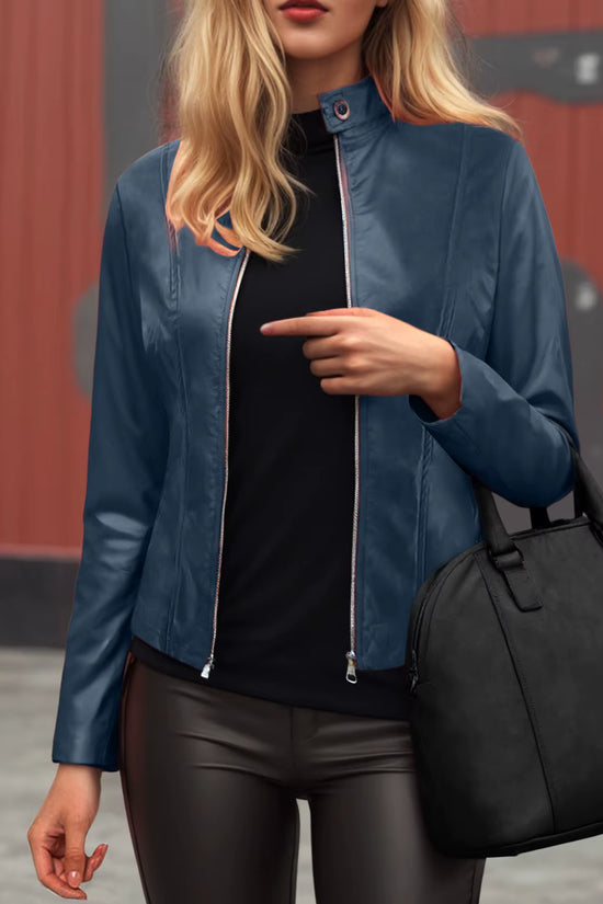 Faux Leather Jacket Women 2025 Autumn Spring Women's Moto Biker Jacket Stand Collar Zipper Solid Pu Slim Fit Street Leather Coat FitiqueFit