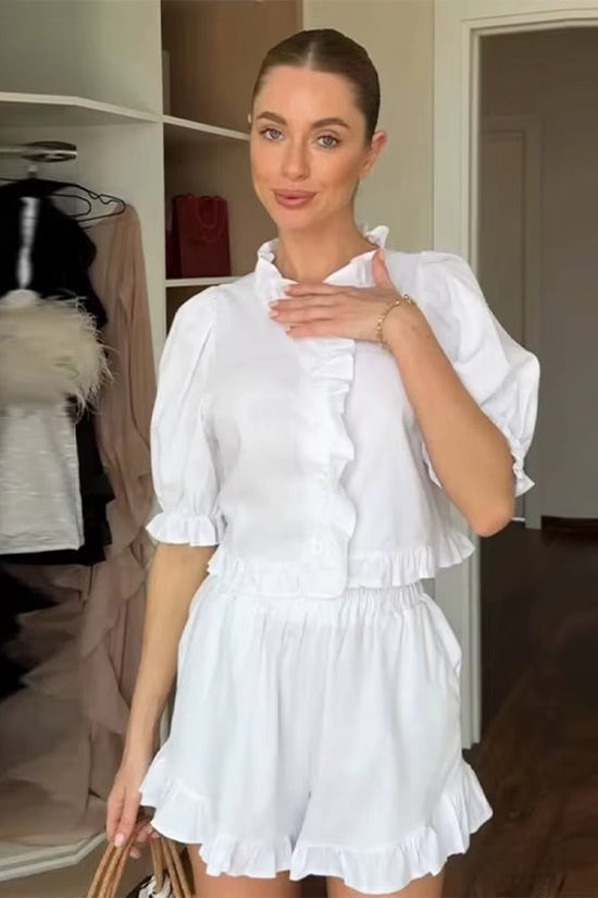 Women's Ruffled Linen-Blend Cropped Blouse & Shorts Set 