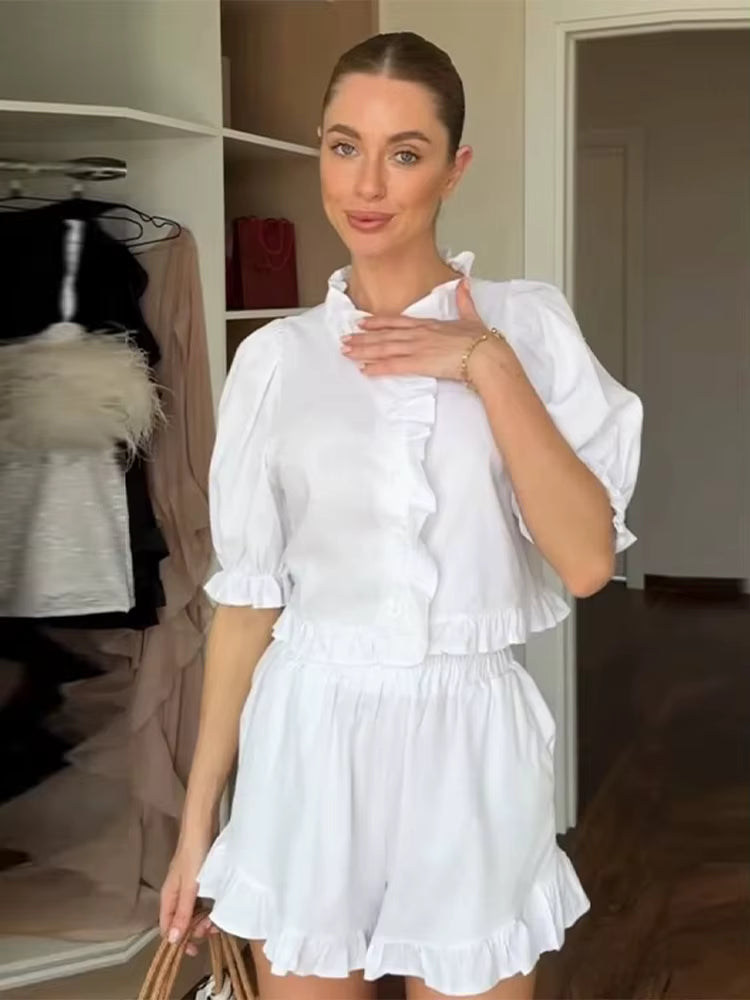 Women's Ruffled Linen-Blend Cropped Blouse & Shorts Set 