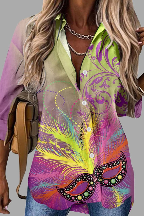 🎭 Mardi Gras Women's V-Neck Long Sleeve Carnival Print Shirt FitiqueFit